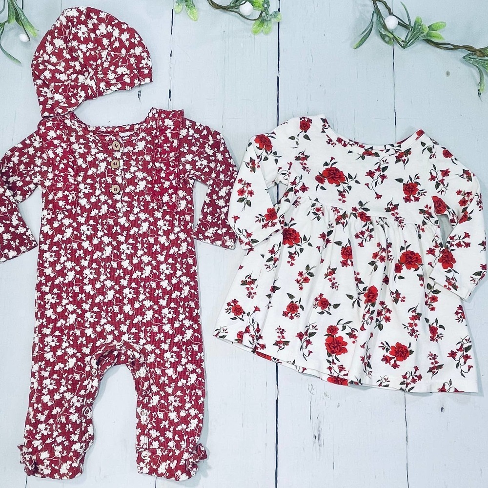 Infant Girls Red and Cream Floral Romper and Dress Bundle (Size 3/6 months)